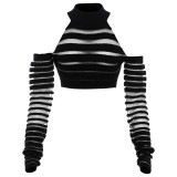 Hollow out shoulder long sleeved crop top, high waisted striped long pants set for women