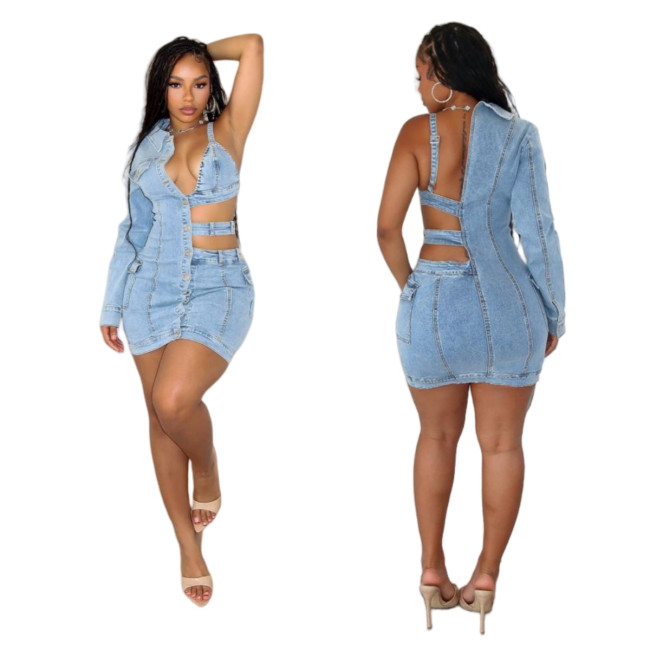 New denim dress with off shoulder and single sleeve stretch fashion dress