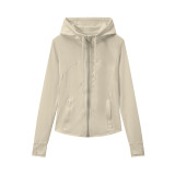 Hooded sports running, sandblasting, zipper cardigan, fitness top, jacket, yoga suit jacket, women's jacket