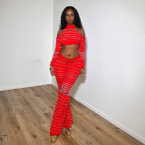 Hollow out shoulder long sleeved crop top, high waisted striped long pants set for women