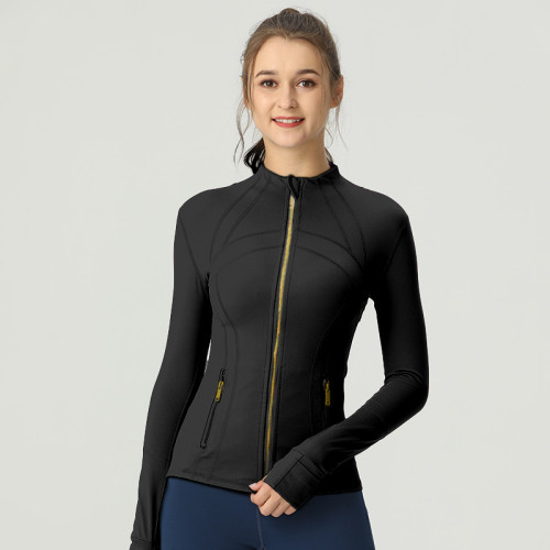 Thin double-sided brushed elastic top, sporty slim fit stand up collar zipper jacket, yoga suit jacket for women