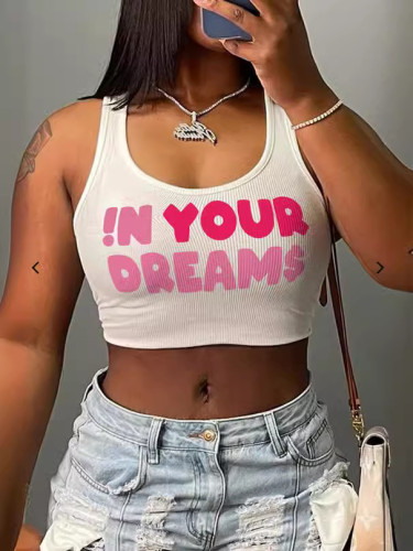 Sexy letter printed sleeveless vest, U-neck vest