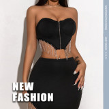 Sexy tassel chain strapless top, sexy midi skirt