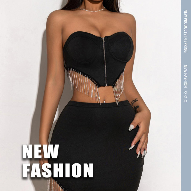 Sexy tassel chain strapless top, sexy midi skirt