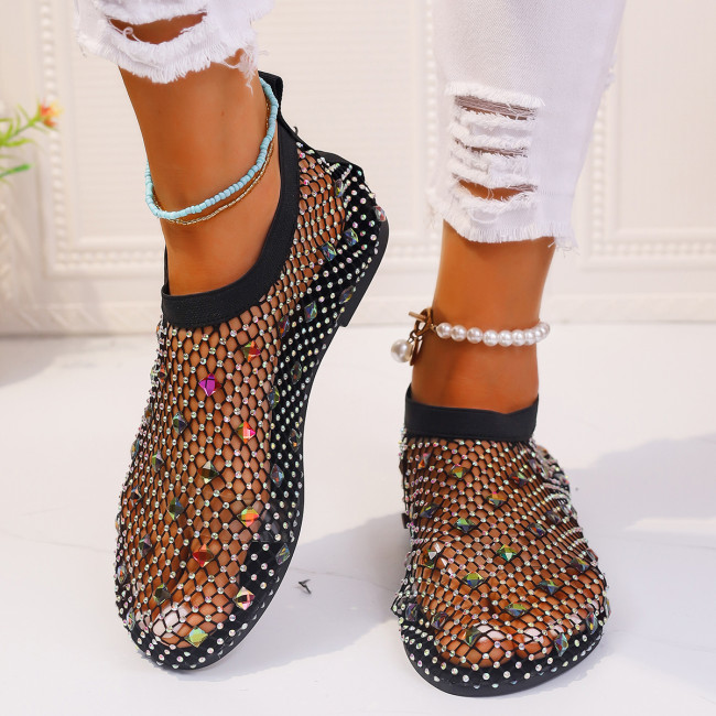 Flat shoes, colorful diamond fishing net socks, flat sandals, popular one foot sandals