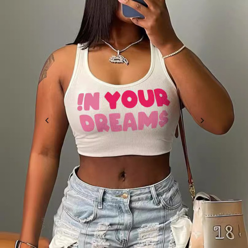 Sexy letter printed sleeveless vest, U-neck vest