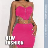 Sexy tassel chain strapless top, sexy midi skirt