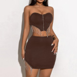 Sexy tassel chain strapless top, sexy midi skirt