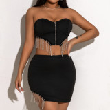 Sexy tassel chain strapless top, sexy midi skirt