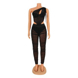 Mesh transparent irregular top two-piece set