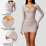 DCX8626 Women Sexy Front Scrunch Long Sleeves Crop Top Yoga Tops Only T-shirt