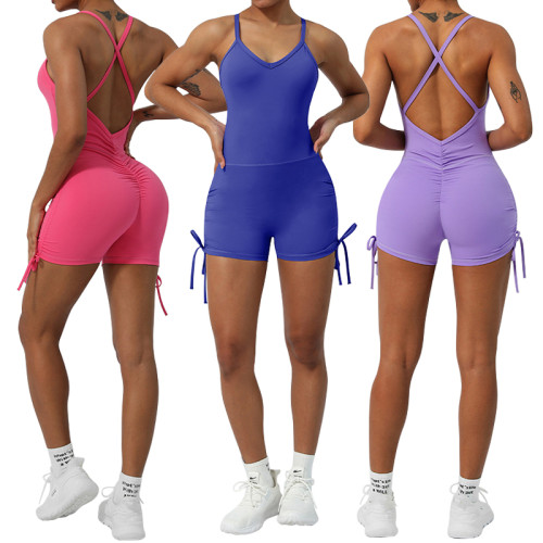 sm2420 Women's Sleeveless Bodysuit Cross Back with Side Drawstring Playsuit Naked Feeling Scrunch Butt Padded Women Jumpsuit