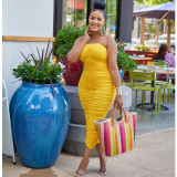 OS6909 sexy chest hugging pleated solid color dress mid length skirt