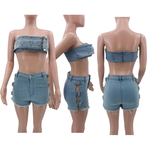 Two Piece Shorts Denim Outfits Betl For Women Jeans stretch crystal Outfits Shorts Sets