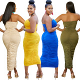 OS6909 sexy chest hugging pleated solid color dress mid length skirt