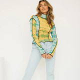 Color blocked mesh long sleeved T-shirt, high neck top, women's clothing BL069
