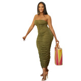 OS6909 sexy chest hugging pleated solid color dress mid length skirt