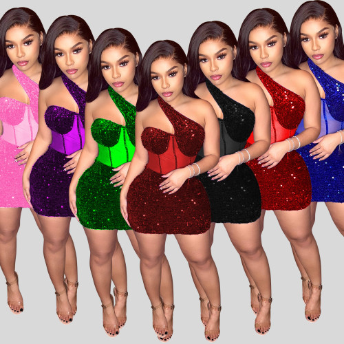 Sexy mesh bead slanted shoulder short dress