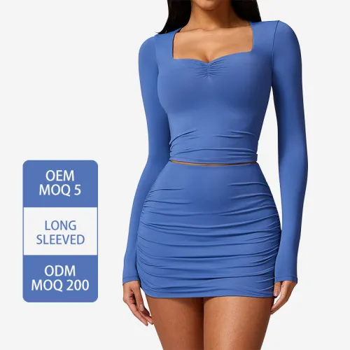 DCX8626 Women Sexy Front Scrunch Long Sleeves Crop Top Yoga Tops Only T-shirt