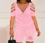 Casual print V-neck zipper short sleeved top and shorts two-piece set