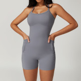 CLT8671 Women's Sleeveless Jumpsuit with Side Pocket Quick Drying Nude Workout Cross Back Jumpsuit