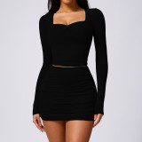 DCX8626 Women Sexy Front Scrunch Long Sleeves Crop Top Yoga Tops Only T-shirt