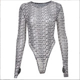 Sexy long sleeved tight fitting top with printed mesh jumpsuit