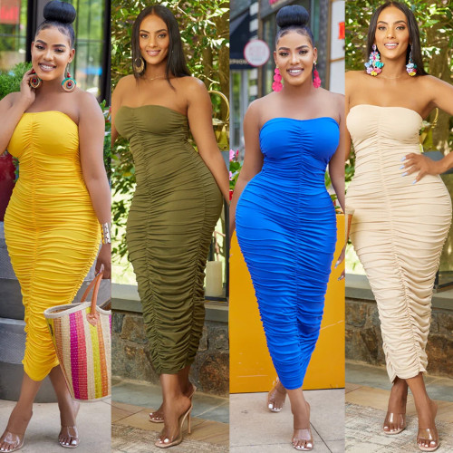 OS6909 sexy chest hugging pleated solid color dress mid length skirt