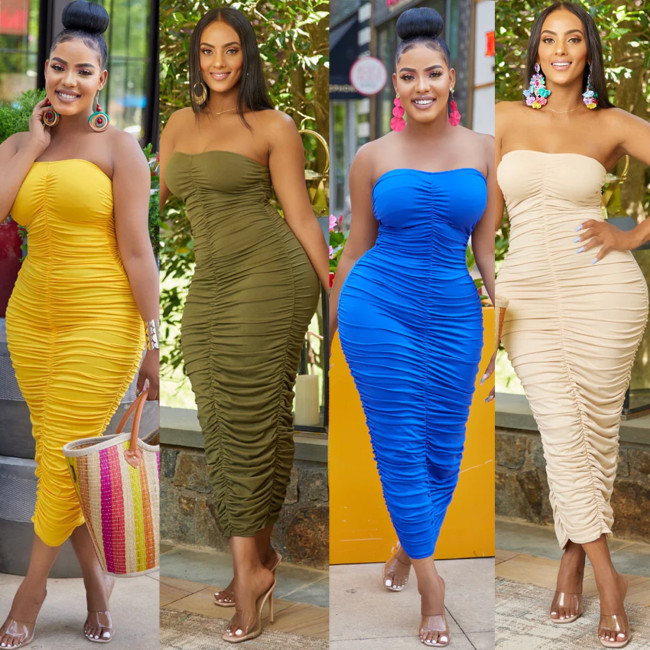 OS6909 sexy chest hugging pleated solid color dress mid length skirt