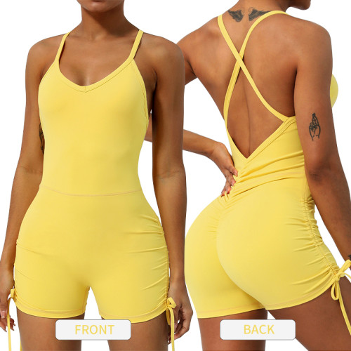 sm2420 Women's Sleeveless Bodysuit Cross Back with Side Drawstring Playsuit Naked Feeling Scrunch Butt Padded Women Jumpsuit