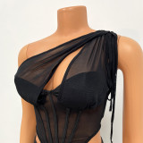 Mesh transparent irregular top two-piece set
