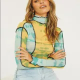 Color blocked mesh long sleeved T-shirt, high neck top, women's clothing BL069