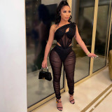 Mesh transparent irregular top two-piece set