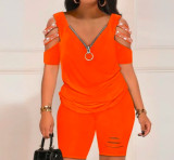 Casual print V-neck zipper short sleeved top and shorts two-piece set