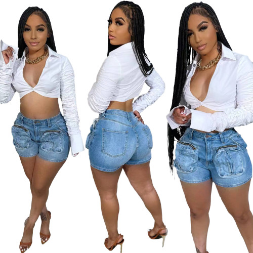 NY8168 denim workwear three-dimensional pocket shorts