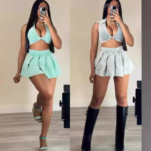 V-neck threaded short top and skirt two-piece set