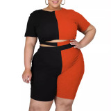 QJ5285 plus size women's clothing pit stripe color matching casual two-piece set