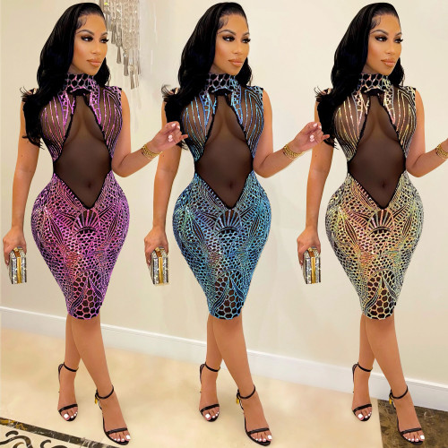 X5545 Fashion sequin high neck dress