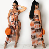 X5105 mesh see through hollow out strap irregular slit dress