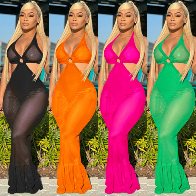 X5719 sexy suspender chest wrapped pleated fish skirt dress