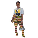 GL6585 color striped knitted hollow jacquard bell bottom pants
