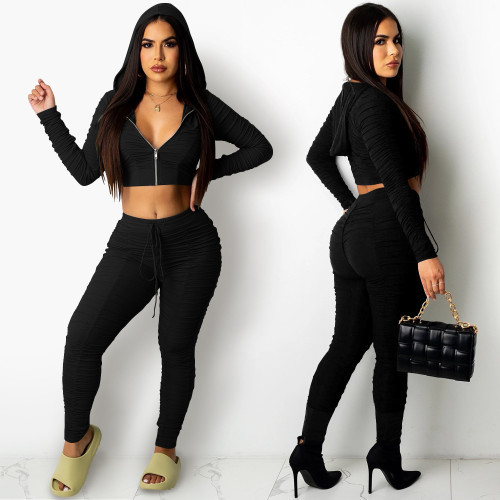 C5358 Zipper Long Sleeve Strap Pants Two Piece Set