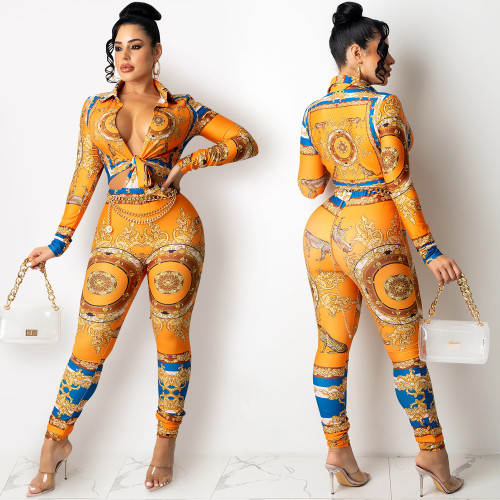 X5305 Special Offer Printed V-neck Pants Set