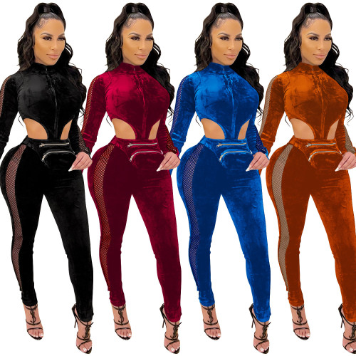 C5392 women's long sleeved zipper hollow pants