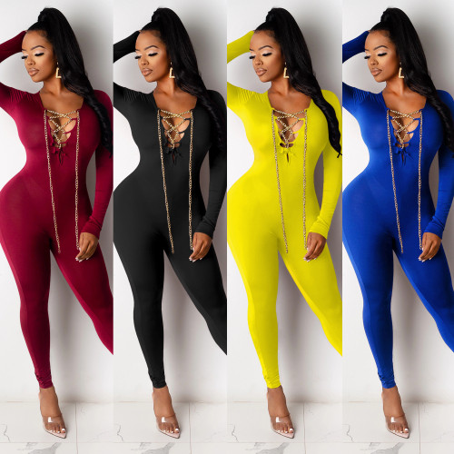 X3698 sexy V-neck chain jumpsuit