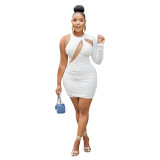 C6638 Fashion Women's Solid Color Folded Long Sleeve Dress