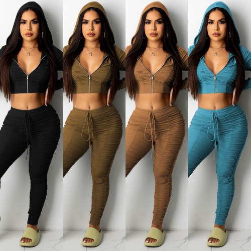 C5358 Zipper Long Sleeve Strap Pants Two Piece Set