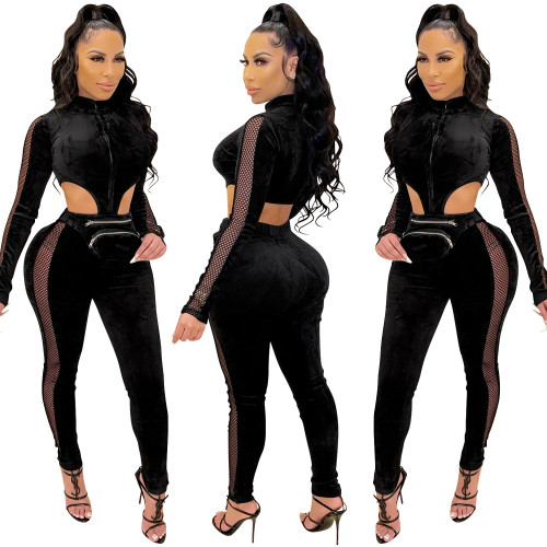 C5392 women's long sleeved zipper hollow pants