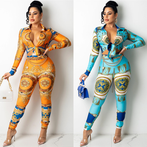X5305 Special Offer Printed V-neck Pants Set