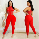 X5713 printed women's round neck sleeveless mesh jumpsuit